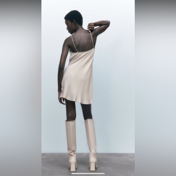 NEW ZARA Silky Satin Taupe Cowl Neck Mini Slip Dress Rhinestone Strap Fit&Flare - Picture 7 of 11